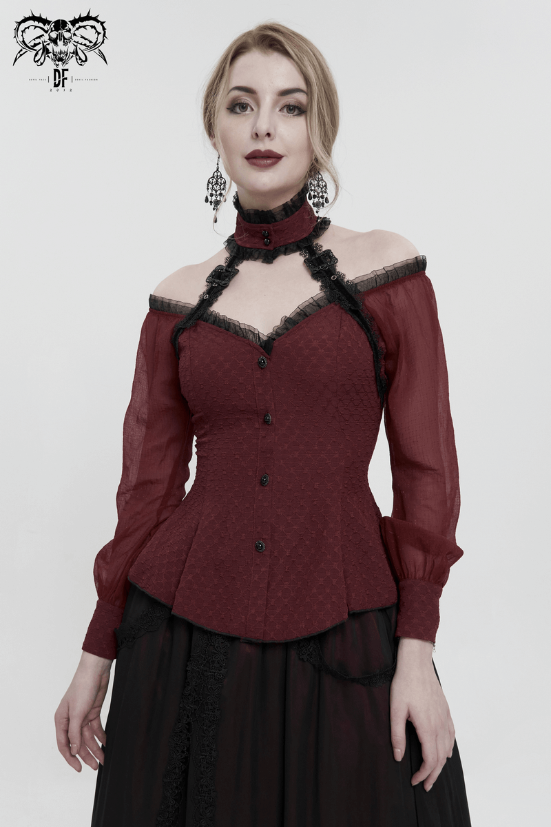 Elegant off-shoulder lace-up shirt in burgundy, perfect for gothic style outfits.
