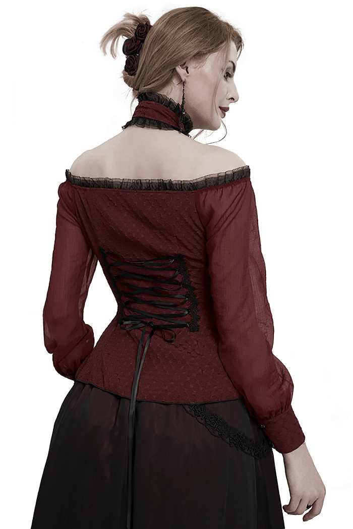 Elegant off-shoulder maroon shirt with lace-up back, perfect for gothic fashion enthusiasts.