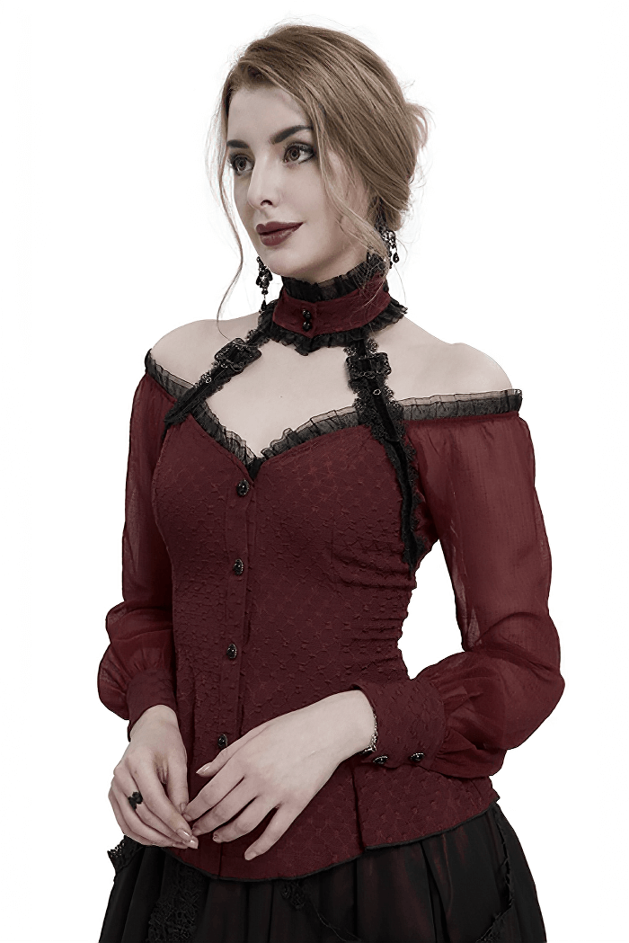 Elegant Off Shoulder Buttons Halterneck Shirt / Gothic Women's Strappy Shirts with Lace-up on Back