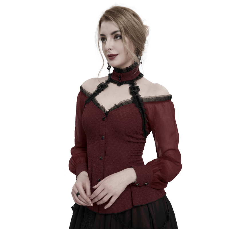 Elegant Off Shoulder Buttons Halterneck Shirt / Gothic Women's Strappy Shirts with Lace-up on Back