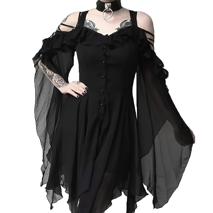 Elegant black off shoulder dress with long billowy sleeves, perfect for gothic fashion lovers.