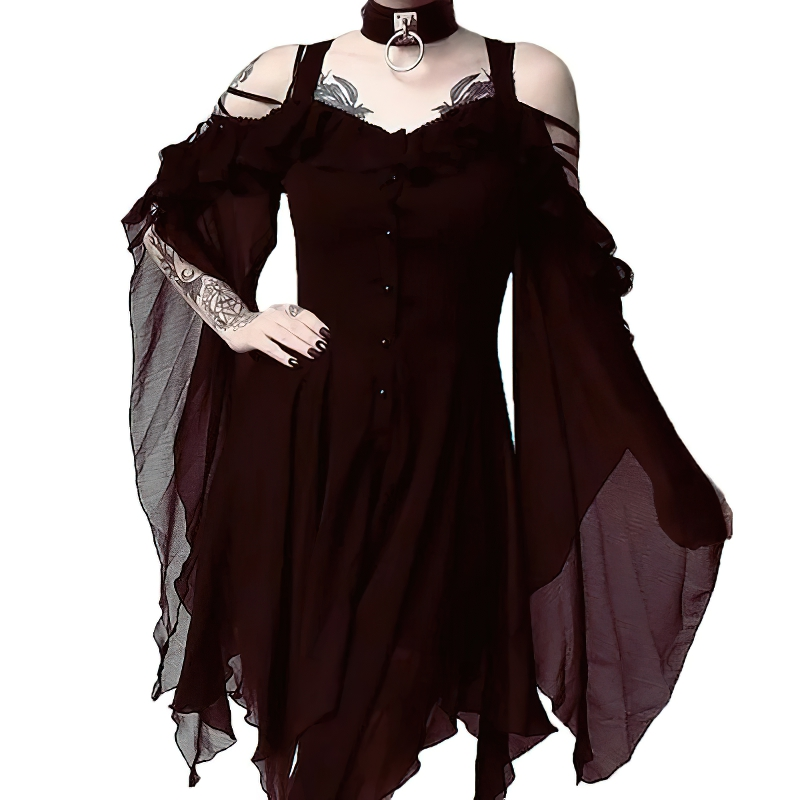 Elegant black off shoulder dress with irregular long sleeves, perfect for gothic fashion enthusiasts.