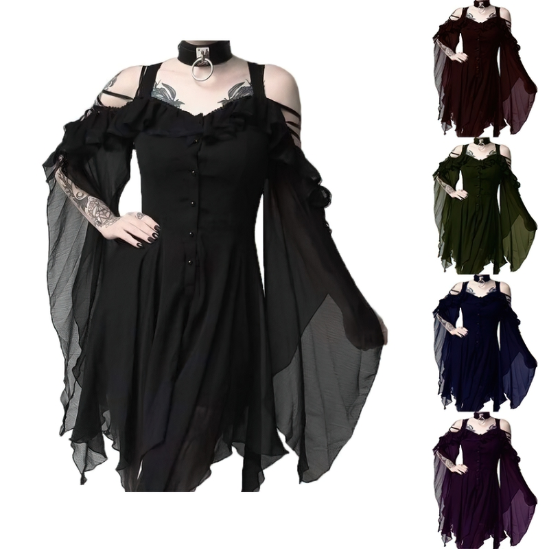 Elegant black off-shoulder dress with irregular sleeves, perfect for gothic fashion and stylish looks.