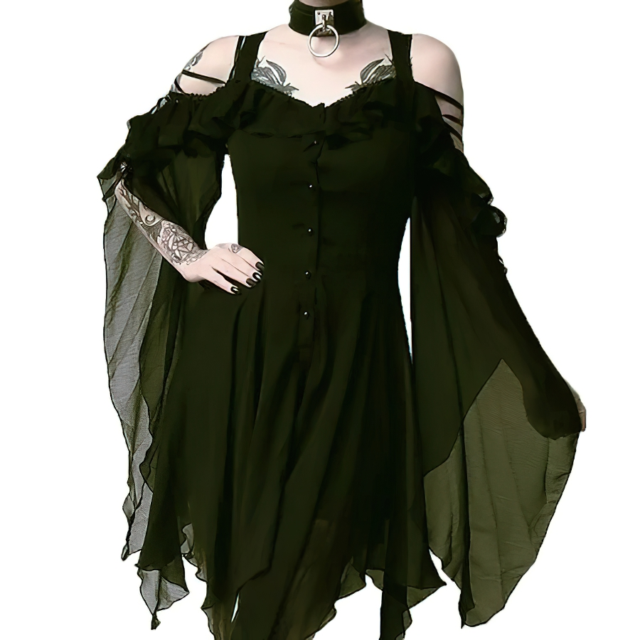 Elegant black off shoulder dress with irregular long sleeves for women, perfect for gothic fashion.