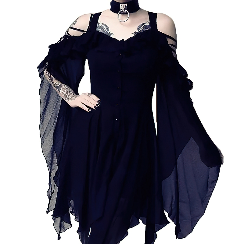 Elegant off shoulder black dress with irregular long sleeves for a stunning gothic fashion look.