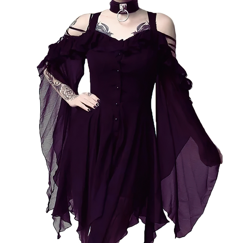 Elegant black asymmetrical off-shoulder dress with long, flowing sleeves and goth-inspired style.