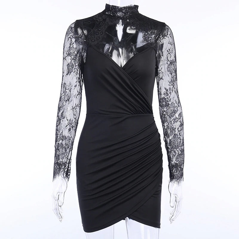 Elegant Sexy Lace Spliced Dress for Ladies / Women Slim Mini Party Dress with Long Sleeves - HARD'N'HEAVY