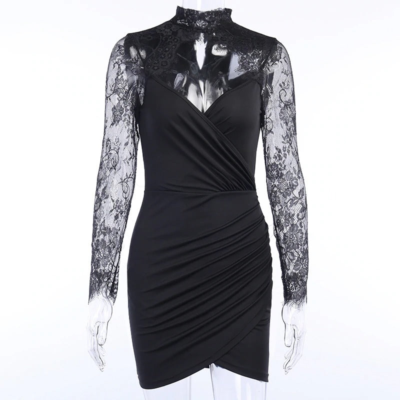 Elegant black mini dress with lace spliced long sleeves, ideal for parties and special occasions.
