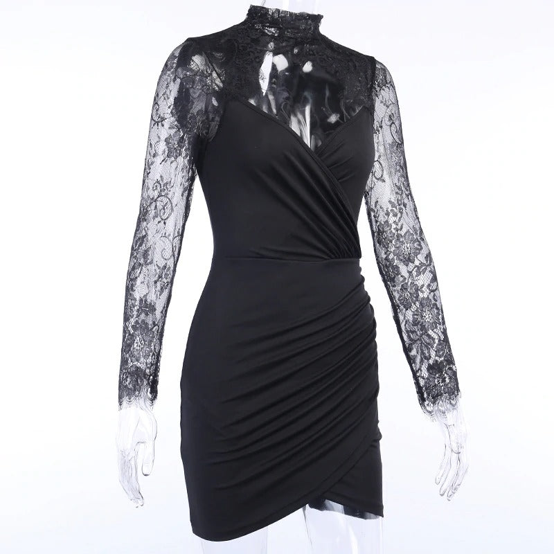 Elegant black lace spliced mini dress for women with long sleeves and festive pleating details.