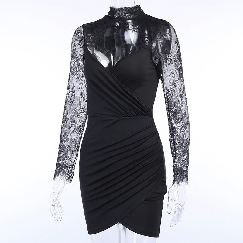 Elegant black mini party dress with long lace sleeves and pleated design, perfect for a charming look at any event.