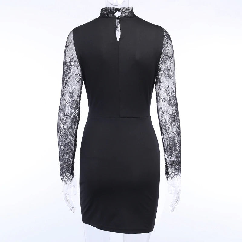 Elegant black mini dress with long lace sleeves and a high neck, perfect for a stylish party look.