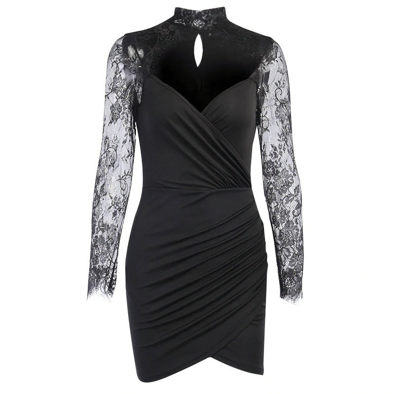 Elegant black mini party dress with lace sleeves and a stylish wrap design, perfect for a sophisticated night out.