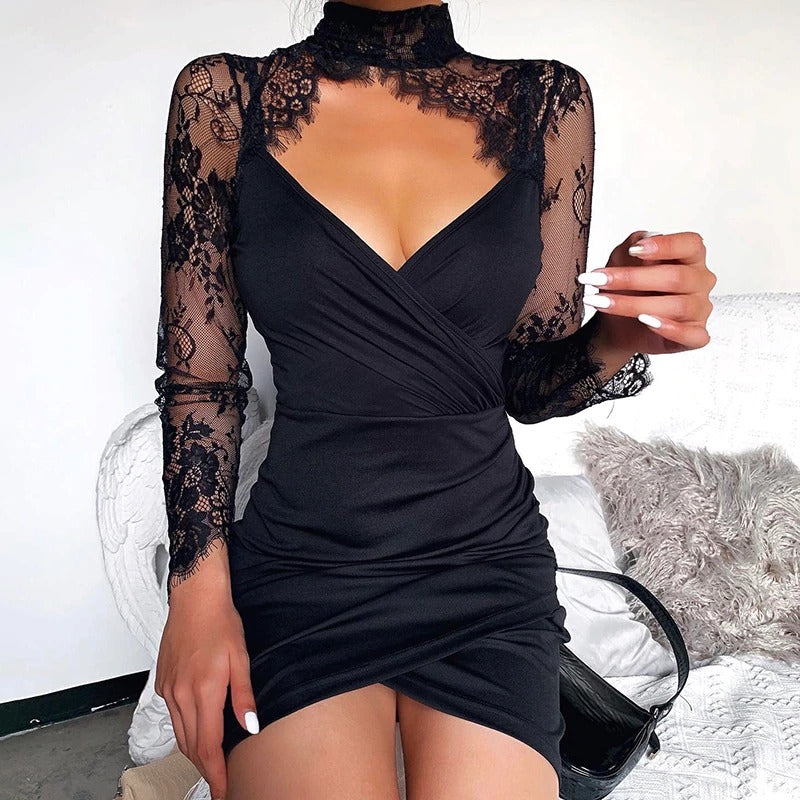 Elegant black lace spliced mini party dress for women, featuring a slim fit and long sleeves, perfect for special occasions.