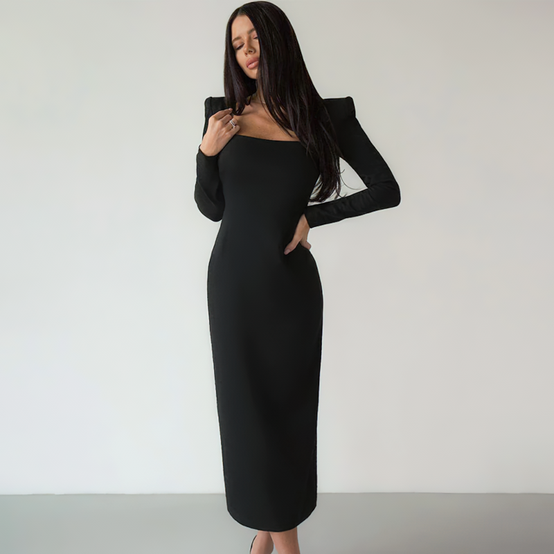 Elegant black long dress with deep neck and long sleeves, perfect for gothic style and fancy nights out.