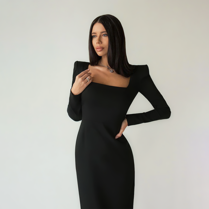 Elegant black long dress with deep neck and long sleeves, perfect for goth style, cosplay, or fancy nights out.
