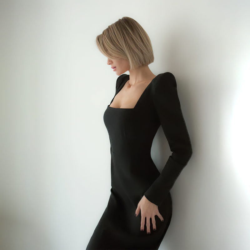 Elegant women's black dress with long sleeves and deep neckline, perfect for cosplay or night outings.