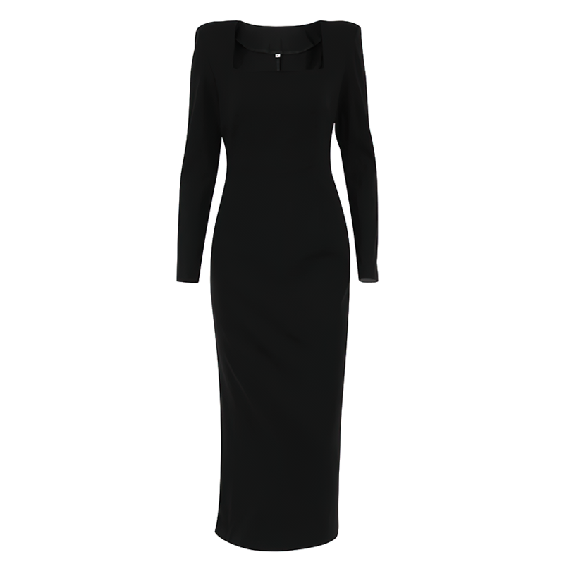 Elegant long black dress with sleeves and deep neckline, perfect for goth style and fancy outings.