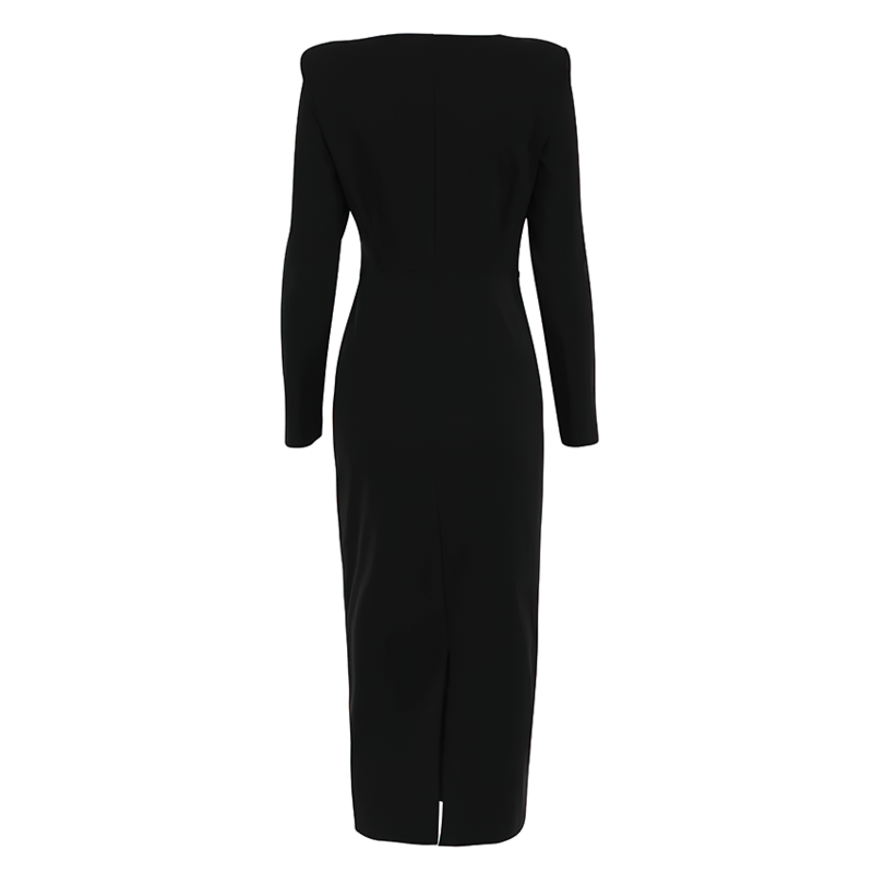 Elegant black long dress with off-shoulder design and long sleeves, perfect for formal or gothic-themed occasions.