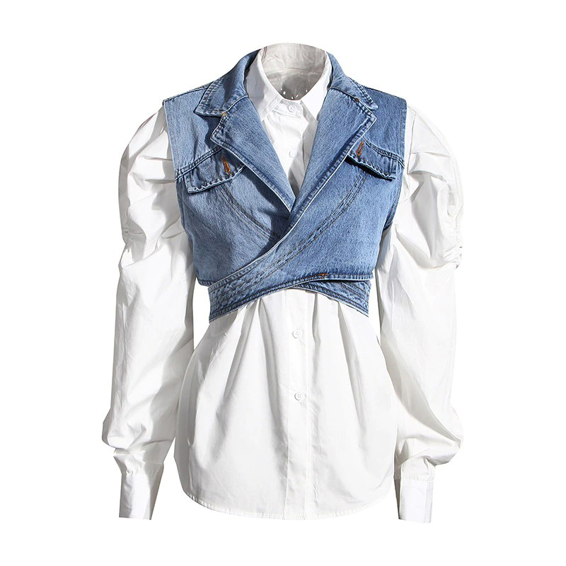 Elegant denim cross top tank paired with a white long sleeve shirt, perfect for trendy casual or chic outfits.