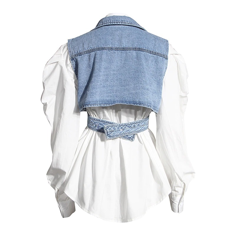 Elegant two piece set for women featuring a denim cross top tank and long sleeve shirt, showcasing a stylish back view.