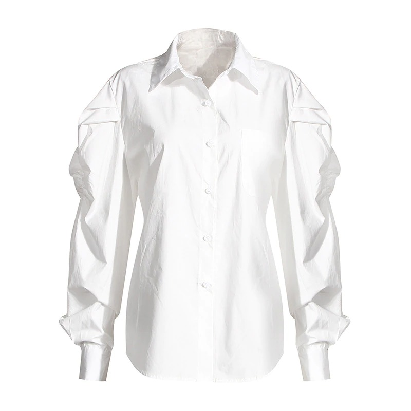 Elegant white shirt with puffed long sleeves and button-down front, perfect for trendy outfits.