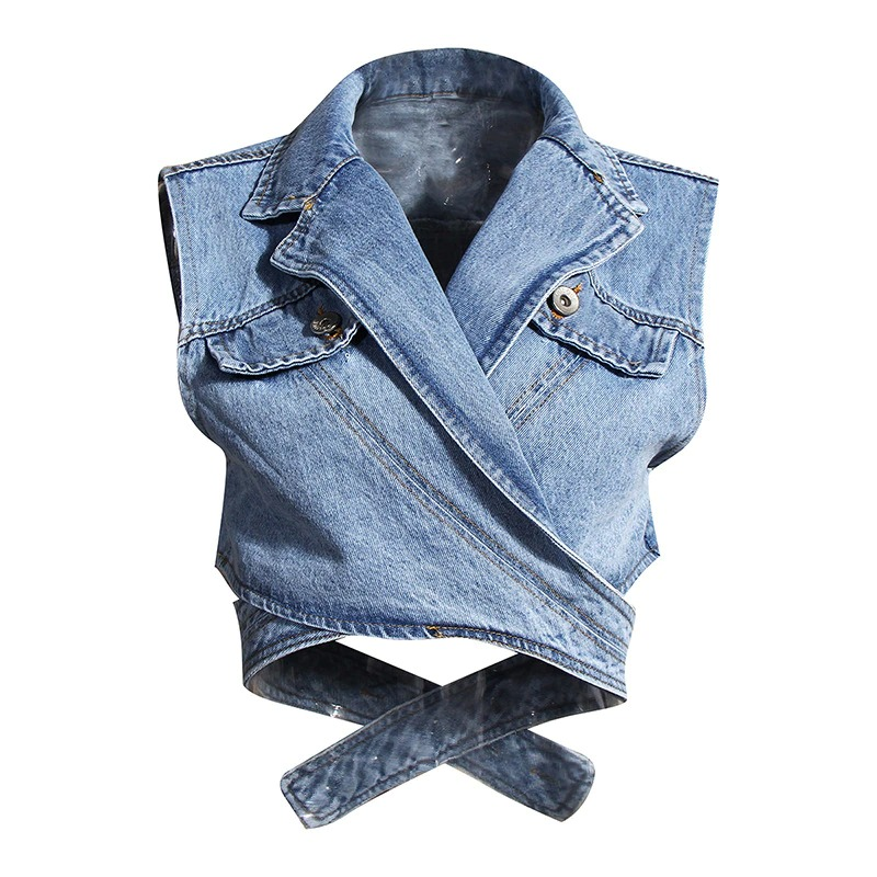 Trendy denim cross top tank for women, featuring a stunning asymmetrical design and stylish sleeveless look.
