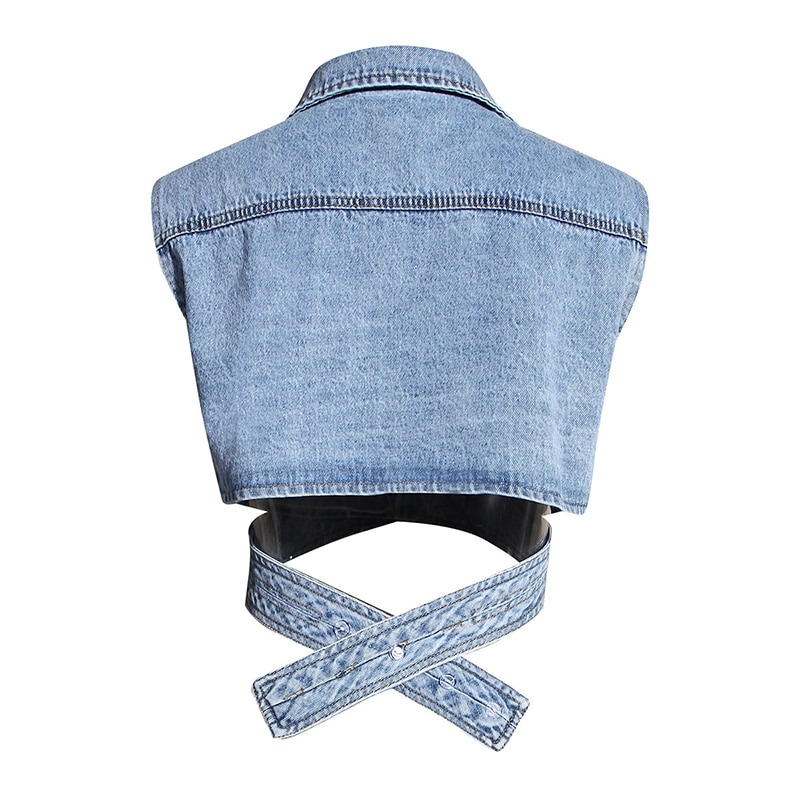Back view of an elegant denim cross top tank for women, featuring stylish asymmetrical design and unique crisscross detail.