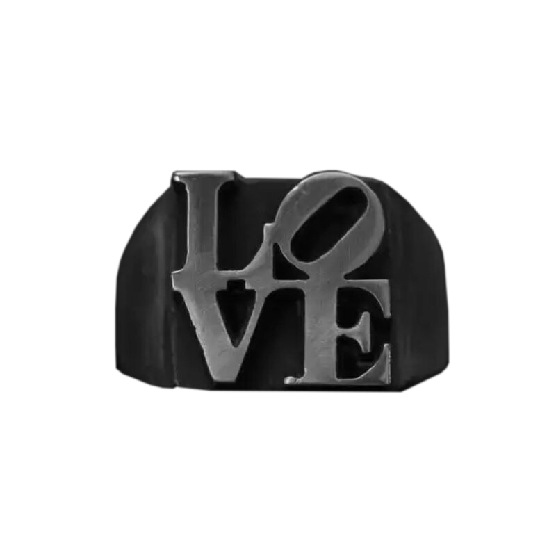 Stainless steel gothic unisex ring featuring a bold 'LOVE' inscription in dark gray finish.