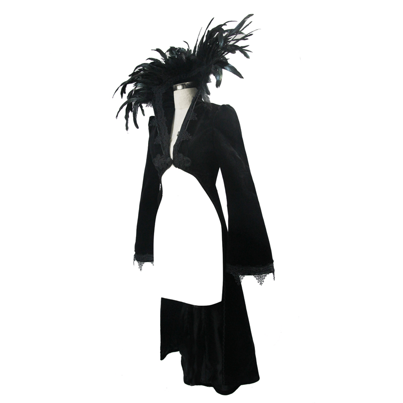 Elegant gothic velvet coat with feather collar and embroidery trim, perfect for a stylish wardrobe upgrade.