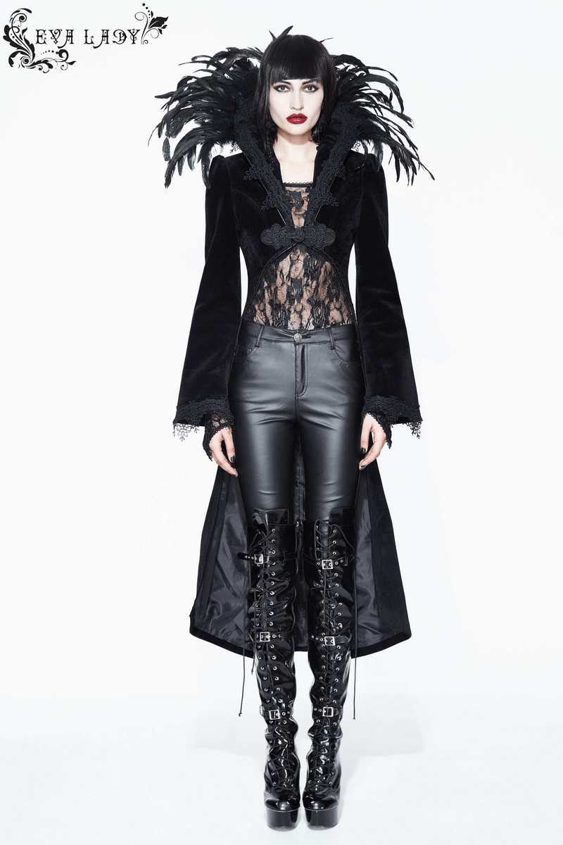 Elegant black velvet coat with feather collar, gothic style, perfect for a dramatic fashion statement.