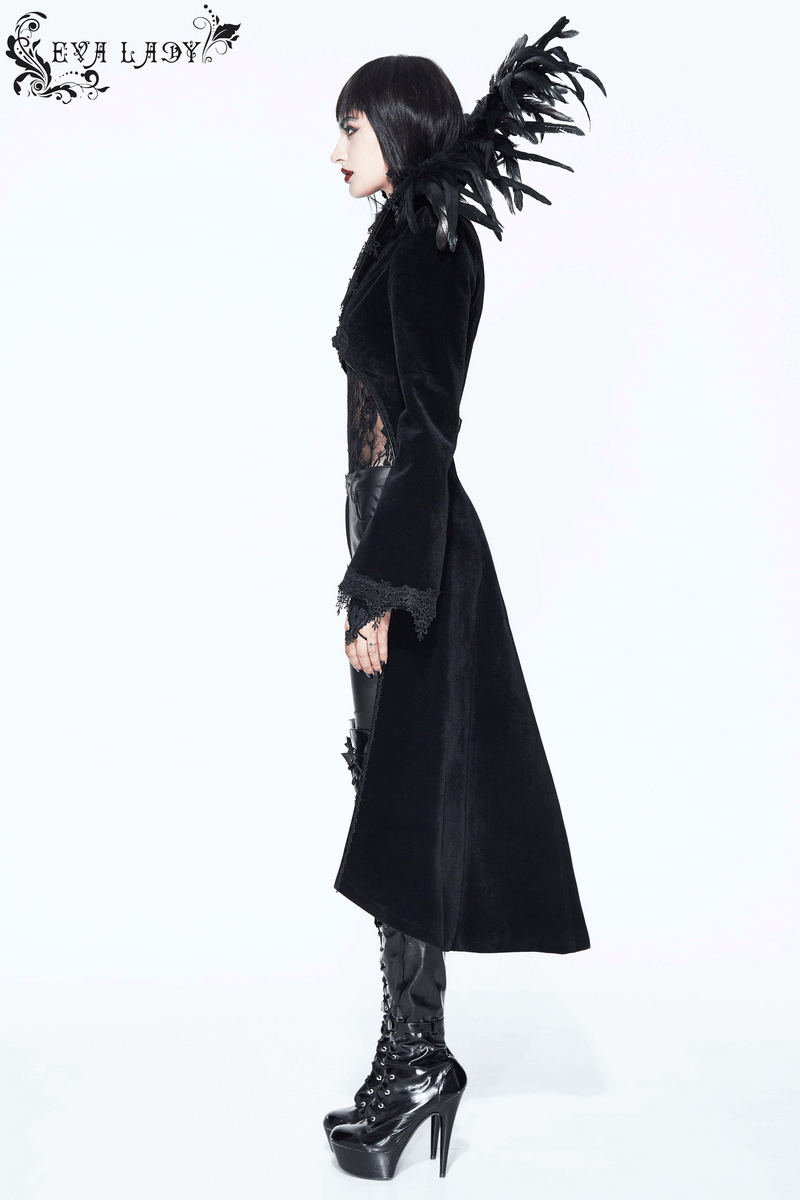 Elegant velvet coat with feather collar, showcasing gothic style for a luxurious and striking look.