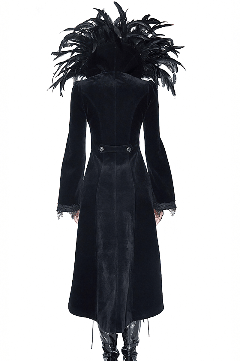 Elegant black velvet coat with feather collar, showing the back view and intricate embroidery details.