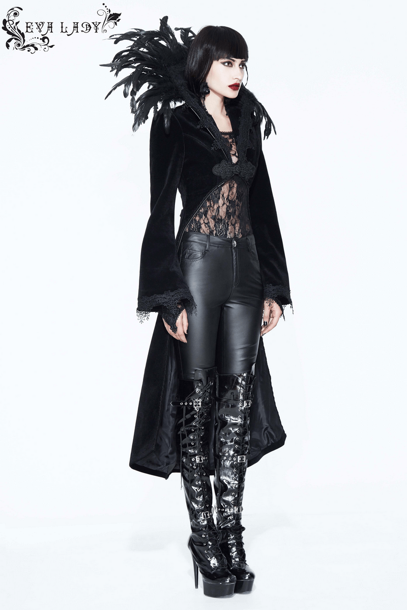 Elegant black velvet coat with feather collar on model, showcasing gothic style and luxury fashion.