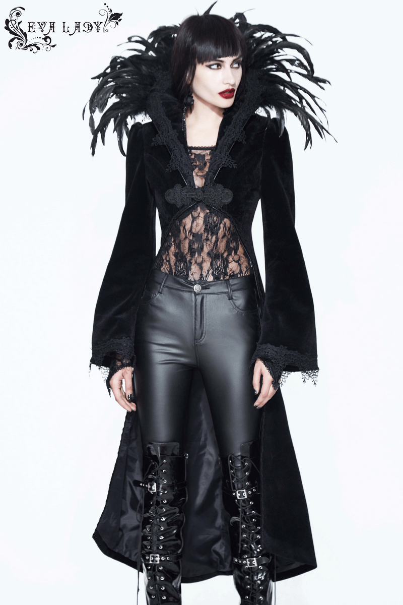 Elegant velvet coat with feather collar worn by model, showcasing a gothic style and luxurious craftsmanship.