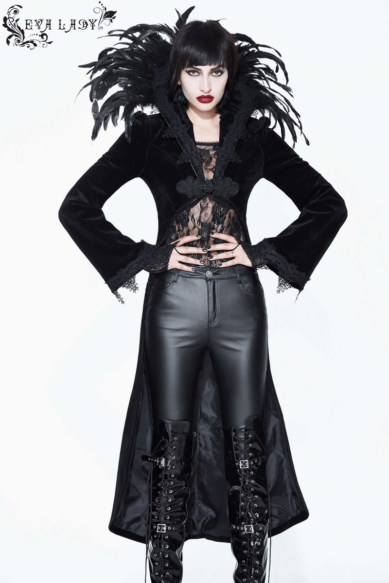 Elegant black velvet coat with feather collar, stylish gothic outfit for women.