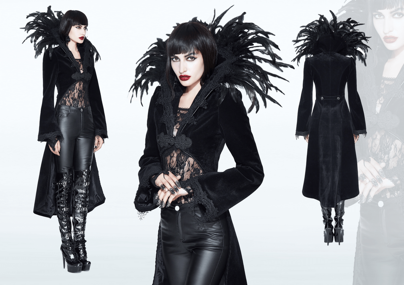 Elegant gothic women's velvet coat with feather collar, featuring intricate embroidery and sleek leather pants.