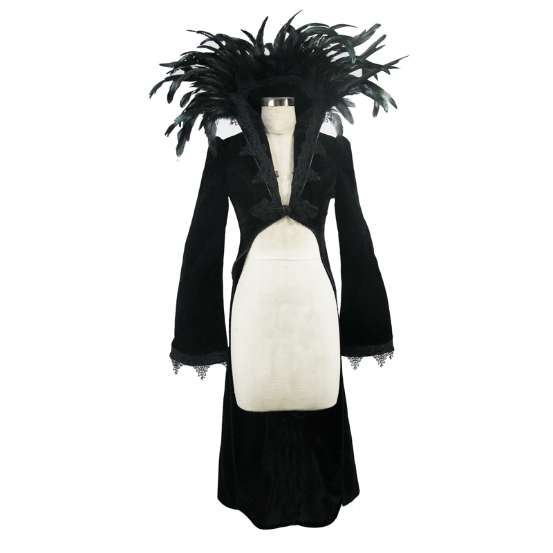 Elegant Velvet Coat with Feather Collar / Gothic Women's Embroidery Trim Black Tailcoat