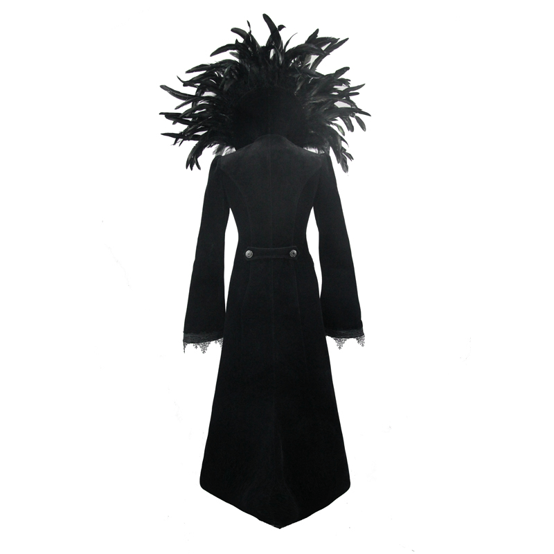 Elegant black velvet gothic coat with feather collar and embroidery trim, perfect for a dramatic look.