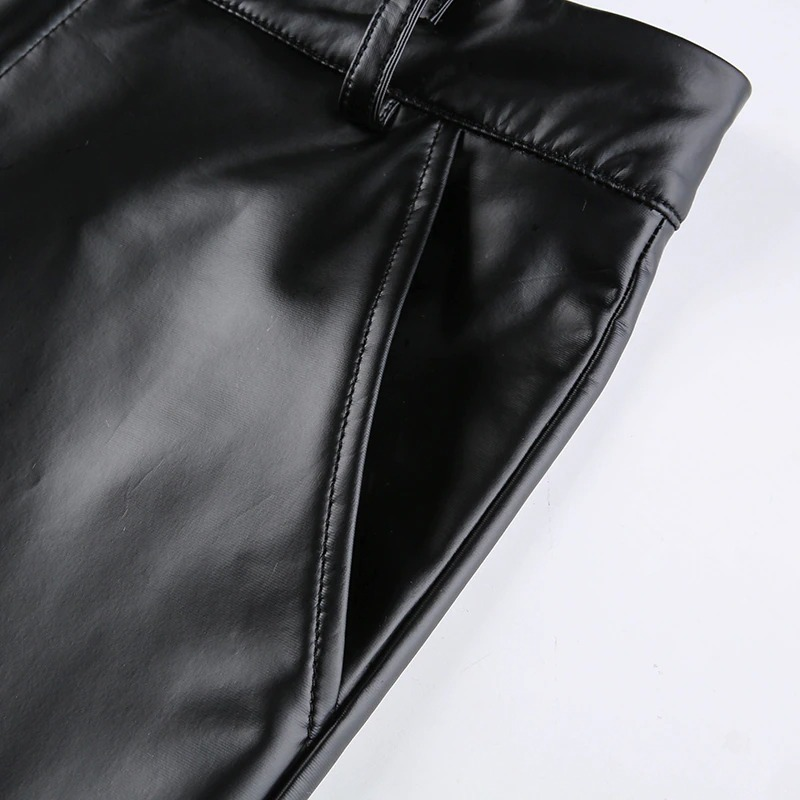 Elegant Vintage Black Faux Leather Pants / Women Autumn High Waist Skinny Trousers - HARD'N'HEAVY