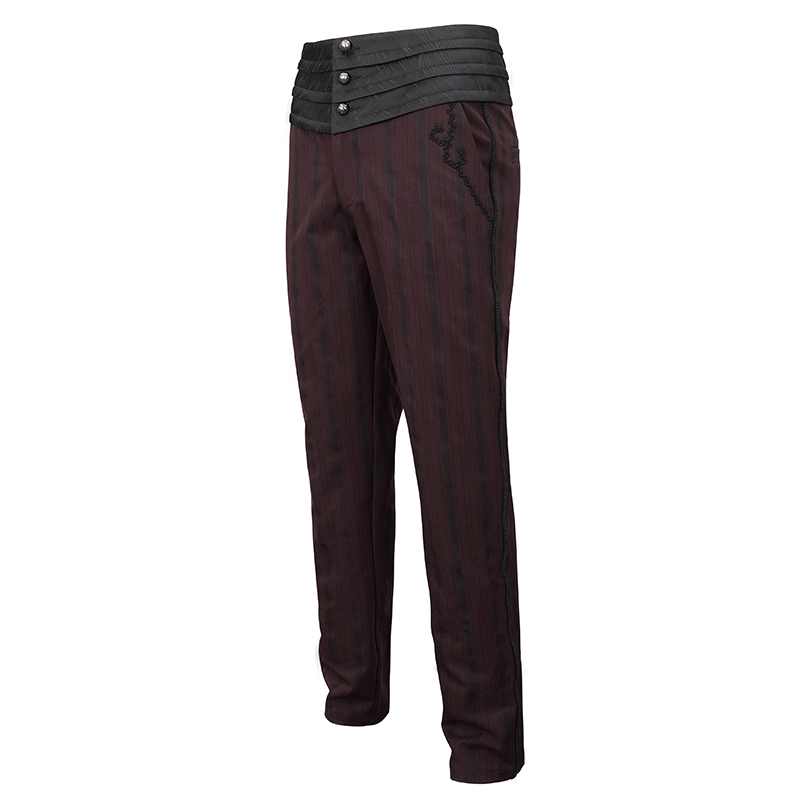 Elegant wine red straight high-waisted pants with a black wide belt, perfect for a gothic wardrobe.