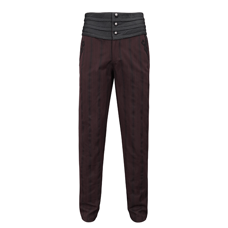 Men's elegant wine red straight high-waisted pants with a black ribbed belt for a gothic style.