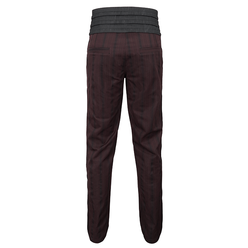 Back view of elegant wine red straight high-waisted pants with a black wide belt for men in gothic style.