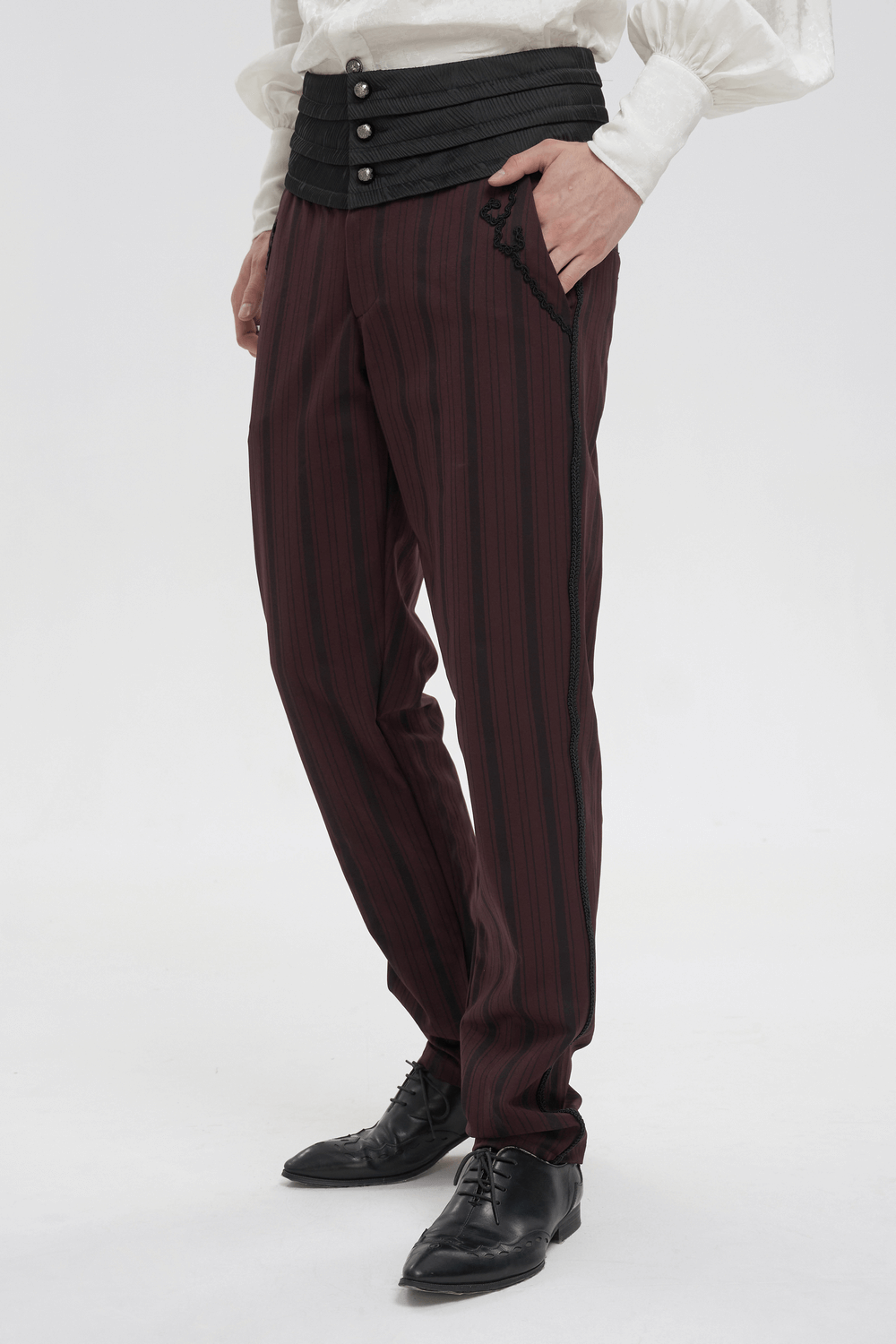 Elegant men's wine red straight high-waisted pants with a black wide belt, perfect for a gothic style.