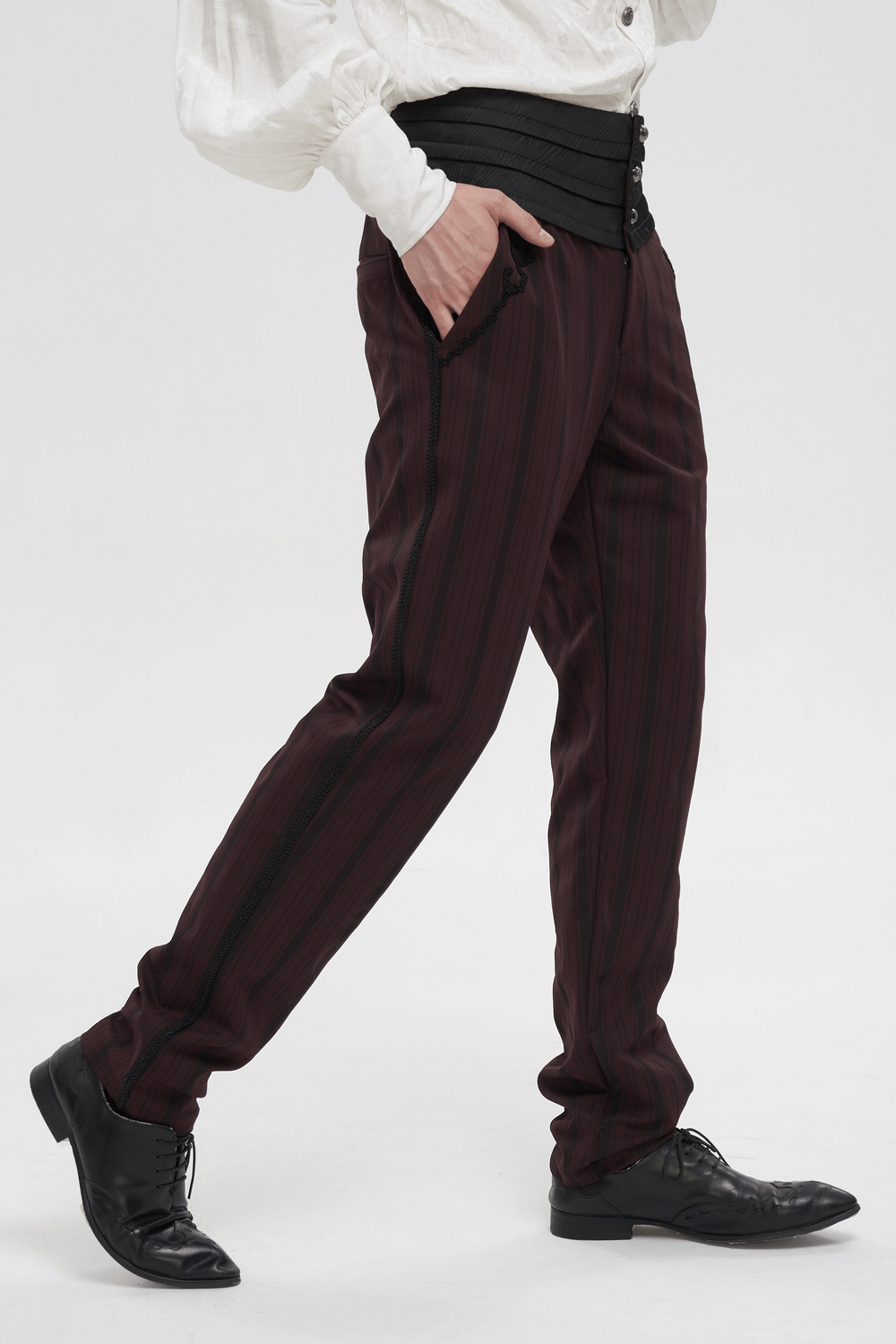 Men's elegant wine red straight high-waisted pants with a black wide belt, perfect for a gothic style.