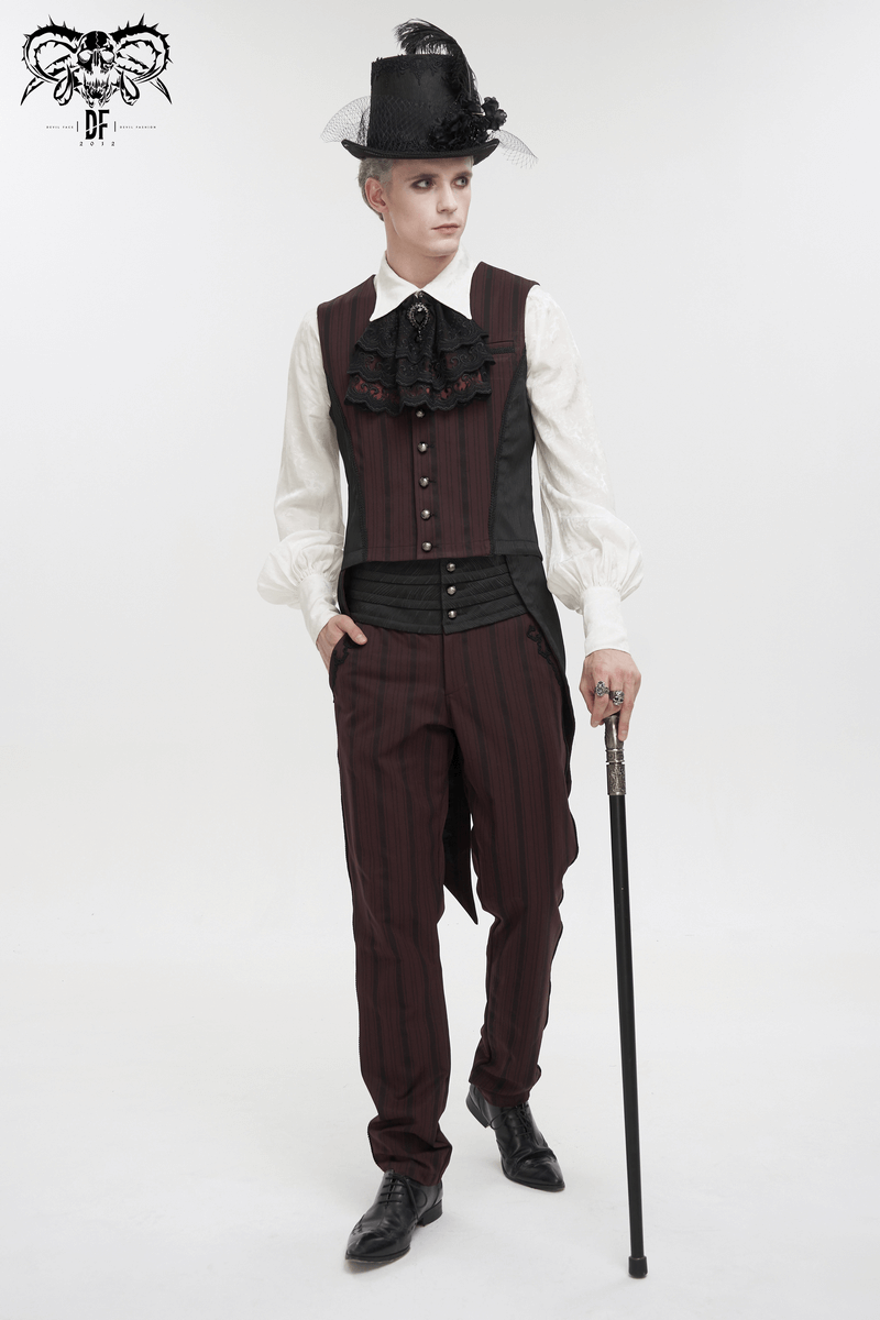 Elegant Wine Red Straight High-Waisted Pants / Men's Gothic Ribbed Trousers with Black Wide Belt