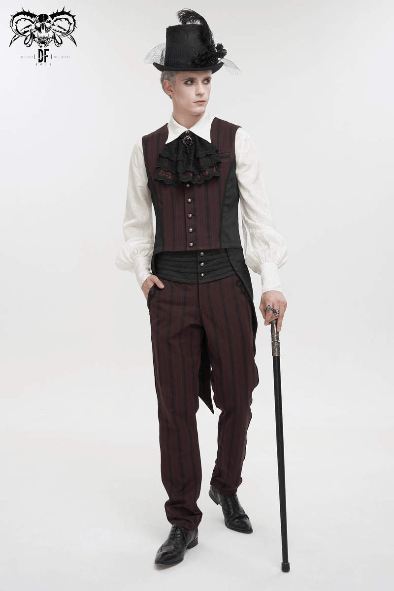 Stylish model in elegant wine red and black gothic outfit with cane and top hat, showcasing high-waisted striped trousers.