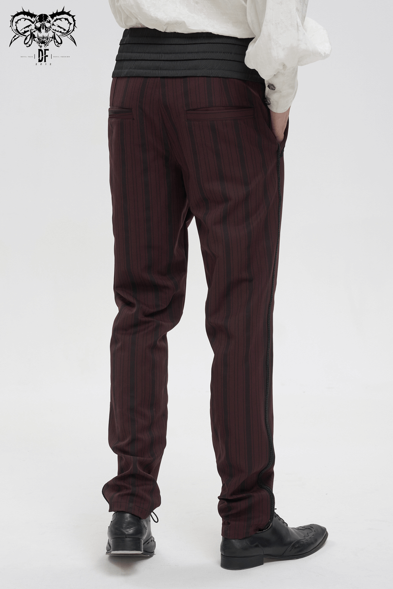Rear view of men's wine red straight high-waisted pants with black wide belt, showcasing elegant gothic style.