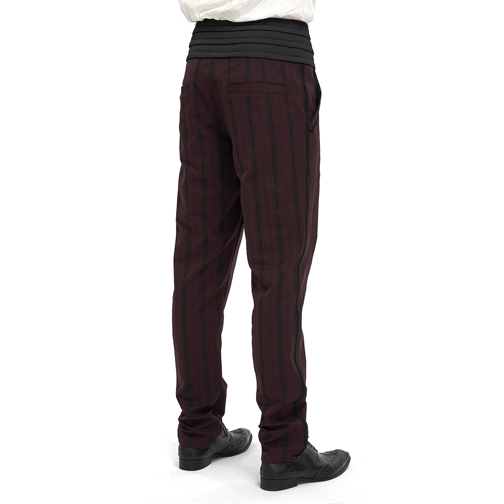Elegant Wine Red Straight High-Waisted Pants / Men's Gothic Ribbed Trousers with Black Wide Belt