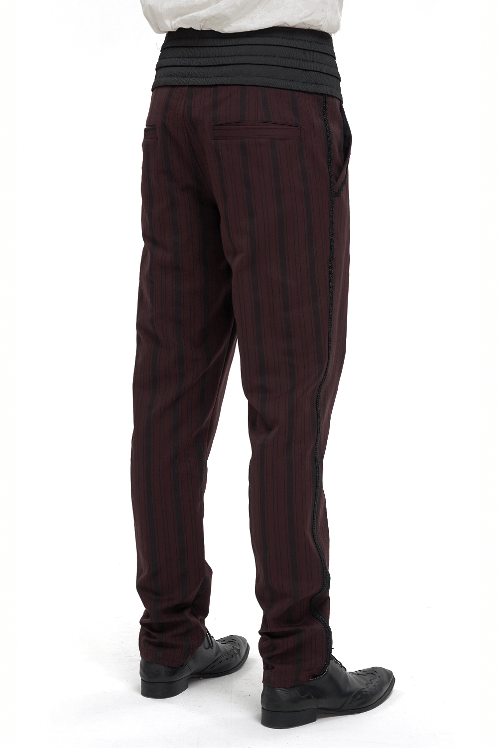 Back view of men's elegant wine red straight high-waisted pants with ribbed details and wide black belt.