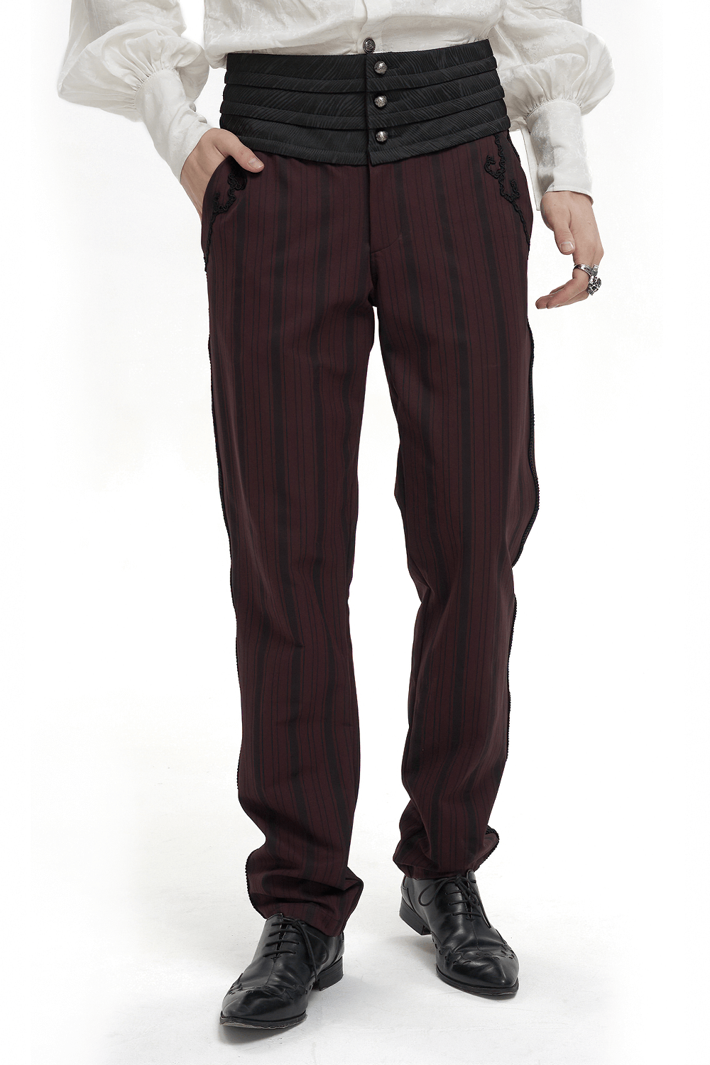 Men's elegant wine red high-waisted pants with black ribbed belt, perfect for gothic style wardrobes.